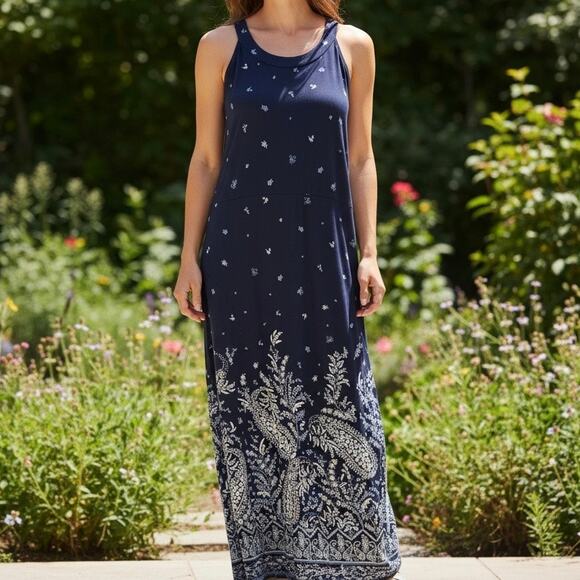 J Jill Dresses & Skirts - J Jill Paisley Halter Neck Maxi Dress Medium Navy Blue Resortwear